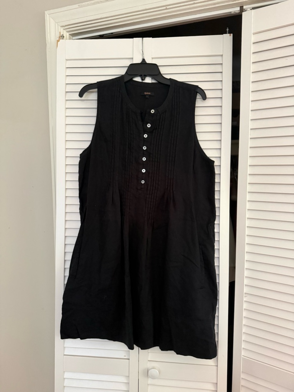 Quince Black Sleeveless Pintuck Button Front Mini Dress